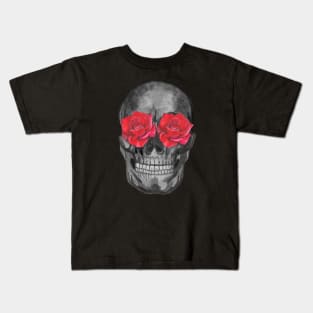 Skull with roses flowers Kids T-Shirt